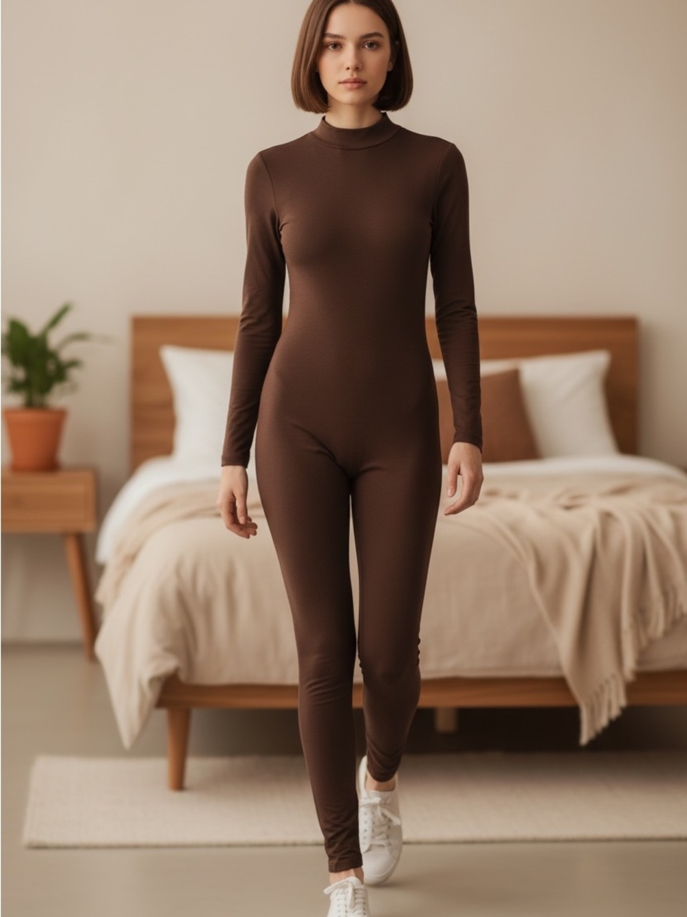 Minimalist Brown Long-Sleeve Jumpsuit